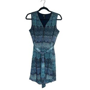 IZ Byer Womens Size S Lined Sleeveless Dress Ethnic Indigo Print Zip V Neckline
